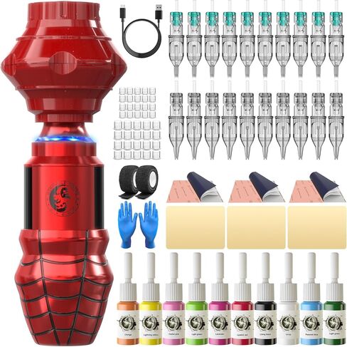 Tattoo Pen Kit Wormhole Cartridge Tattoo Kit for Beginners Rotary Tattoo Machine Pen Professional Complete Tattoo Kit(TK108A) (Black) in Kuwait