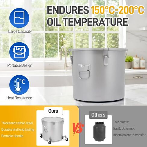 Outvita Fryer Grease Bucket, 10 Gal Oil Disposal Caddy with Caster Base, Carbon Steel Rust-Proof Coating, Oil Transport Container with Lid, Lock Clips, Filter Bag for Transport Cooking Filtering in Saudi Arabia