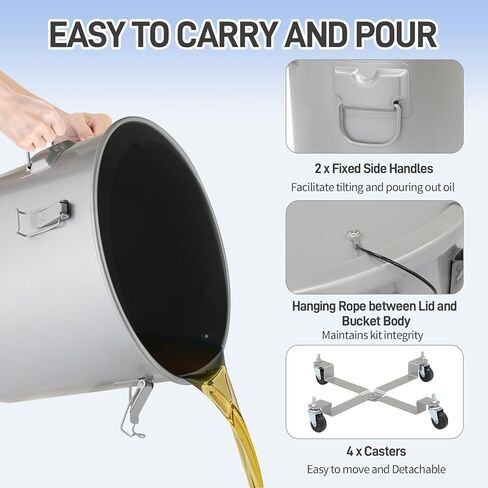Outvita Fryer Grease Bucket, 10 Gal Oil Disposal Caddy with Caster Base, Carbon Steel Rust-Proof Coating, Oil Transport Container with Lid, Lock Clips, Filter Bag for Transport Cooking Filtering in Saudi Arabia