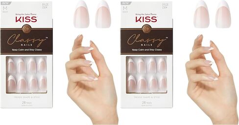 KISS Classy French Nail Manicure Kit with Gel Finish, Medium, Coffin Shaped, Includes Pink Nail Glue (Net Wt. 2 g / 0.07oz.), Mini Nail File, Manicure Stick, and 28 Fake Nails, 'Cozy Meets Cute', 28 Count in Saudi Arabia