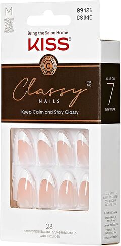 KISS Classy French Nail Manicure Kit with Gel Finish, Medium, Coffin Shaped, Includes Pink Nail Glue (Net Wt. 2 g / 0.07oz.), Mini Nail File, Manicure Stick, and 28 Fake Nails, 'Cozy Meets Cute', 28 Count in Saudi Arabia