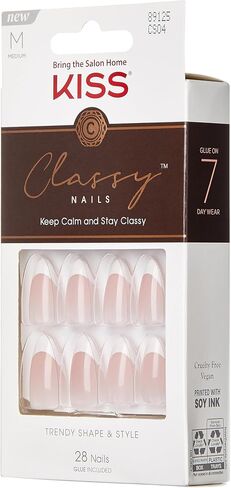 KISS Classy French Nail Manicure Kit with Gel Finish, Medium, Coffin Shaped, Includes Pink Nail Glue (Net Wt. 2 g / 0.07oz.), Mini Nail File, Manicure Stick, and 28 Fake Nails, 'Cozy Meets Cute', 28 Count in Saudi Arabia