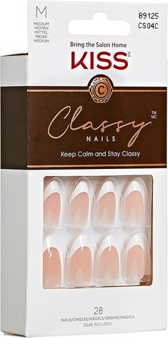 KISS Classy French Nail Manicure Kit with Gel Finish, Medium, Coffin Shaped, Includes Pink Nail Glue (Net Wt. 2 g / 0.07oz.), Mini Nail File, Manicure Stick, and 28 Fake Nails, 'Cozy Meets Cute', 28 Count in Saudi Arabia