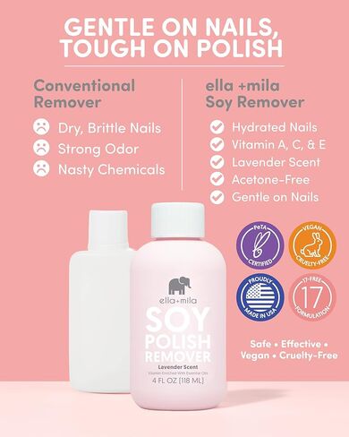 مزيل طلاء أظافر إيلا+ميلا الصويا، مزيل طلاء أظافر خالٍ من الأسيتون - مزيل طلاء أظافر غير سام - غني بزيت اللافندر العطري وفيتامينات A وC وE (4 أونصة سائلة) in Kuwait