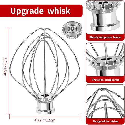 Whisk Attachments for KitchenAid 4.5/5Quart Mixer, Titl-head Stand Kitchen aid Mixer Accessories, Upgrade 6 wire Whole Stainless Steel Whisk parts Dishwasher Safe not Tarnish in Saudi Arabia