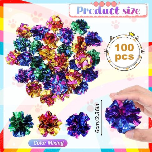 SHENLIU كرات مجعدة للقطط، 100 قطعة من ألعاب القطط الملونة، كرات مجعدة تفاعلية من رقائق الفويل للقطط للقطط الداخلية للحفاظ على لياقتها النشطة in Kuwait