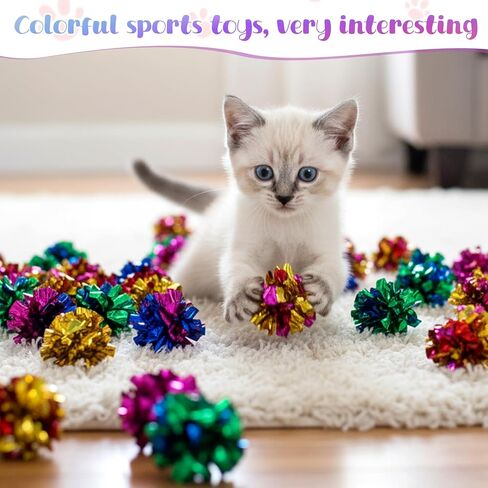 SHENLIU كرات مجعدة للقطط، 100 قطعة من ألعاب القطط الملونة، كرات مجعدة تفاعلية من رقائق الفويل للقطط للقطط الداخلية للحفاظ على لياقتها النشطة in Kuwait