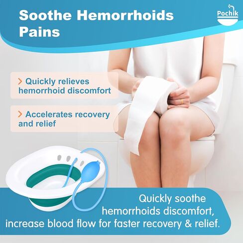 Pochik Sitz Bath, Sitz Bath for Hemorrhoids, Sitz Bath for Toilet Seat, Postpartum Care, Sits Bath Kit for Women, Collapsible, Flusher Hose, Drain Holes, Wider Seating Area, Deeper Bowl in Kuwait