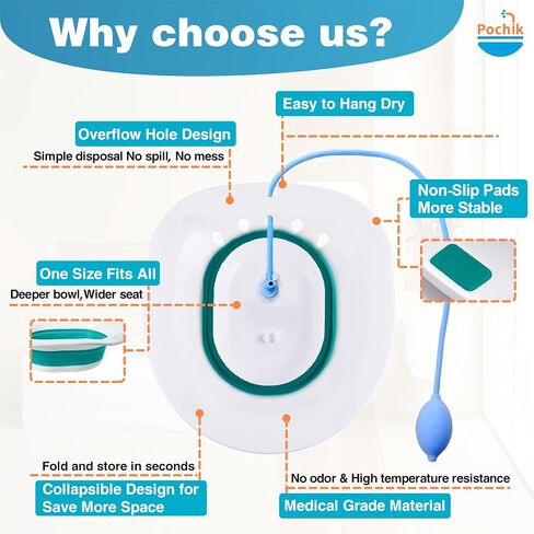Pochik Sitz Bath, Sitz Bath for Hemorrhoids, Sitz Bath for Toilet Seat, Postpartum Care, Sits Bath Kit for Women, Collapsible, Flusher Hose, Drain Holes, Wider Seating Area, Deeper Bowl in Kuwait
