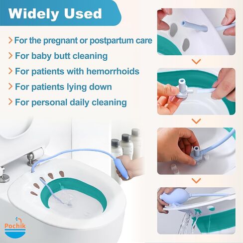 Pochik Sitz Bath, Sitz Bath for Hemorrhoids, Sitz Bath for Toilet Seat, Postpartum Care, Sits Bath Kit for Women, Collapsible, Flusher Hose, Drain Holes, Wider Seating Area, Deeper Bowl in Kuwait