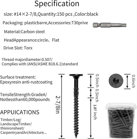 3 Inch Wood Screws, 30Pcs Heavy Duty Outdoor Wood Fence Deck Screws, Black Carbon Steel Rustproof Structural Screws with T30 Drill Bit for Wood Construction, No Pre-Drilling Required in Saudi Arabia