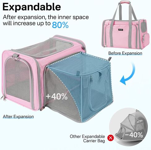 Expandable Cat Carrier, Airline Approved Soft Sided Pet Carrier for Cats & Small Dogs Up to 15 lbs, with Locking Safety Zippers & Cozy Fleece Pad, Portable for Car & Vet Visits, Pink in Saudi Arabia