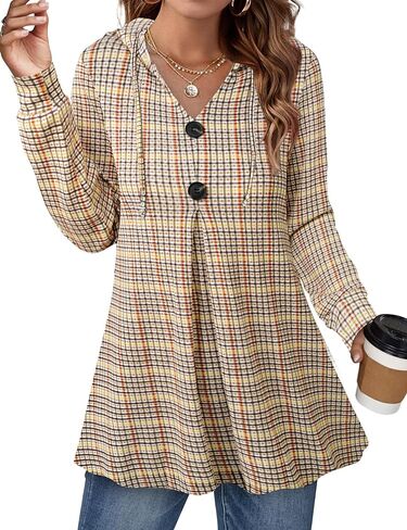 Lotusmile Women's Long Sleeve Hooded Tunic Tops Button Swing Pullover Hoodie Sweatshirts in Saudi Arabia
