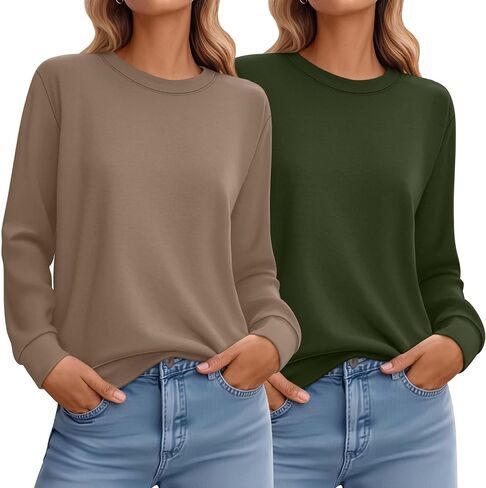Ficerd 2 Pack Women's Casual Sweatshirts, Long Sleeve Loose Fit Shirts Lightweight Crew Neck Basic Tops Cute Pullover in Kuwait