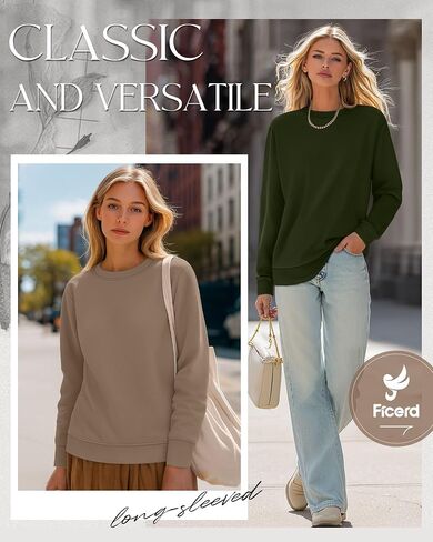 Ficerd 2 Pack Women's Casual Sweatshirts, Long Sleeve Loose Fit Shirts Lightweight Crew Neck Basic Tops Cute Pullover in Kuwait