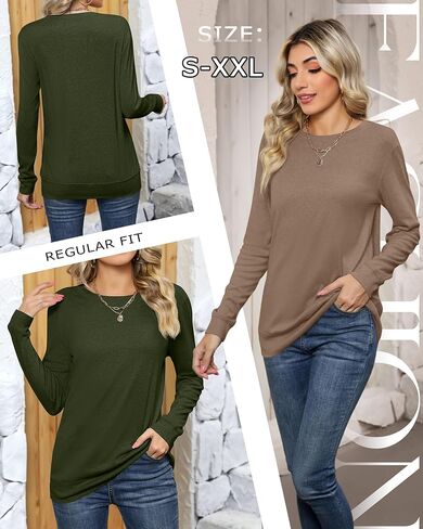 Ficerd 2 Pack Women's Casual Sweatshirts, Long Sleeve Loose Fit Shirts Lightweight Crew Neck Basic Tops Cute Pullover in Kuwait