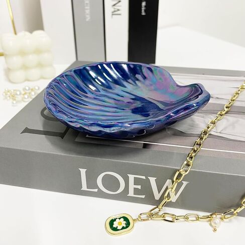 Shell Shape Ring Holder Dish, Seashell Jewelry Dish Tray, Ceramic Trinket Tray for Rings Earrings Necklaces Bracelet, Birthday Christmas Gift for Mom Friend Sister, 3.9", Pink Iridescent Surface in Saudi Arabia