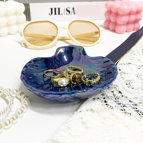 Shell Shape Ring Holder Dish, Seashell Jewelry Dish Tray, Ceramic Trinket Tray for Rings Earrings Necklaces Bracelet, Birthday Christmas Gift for Mom Friend Sister, 3.9", Pink Iridescent Surface in Saudi Arabia