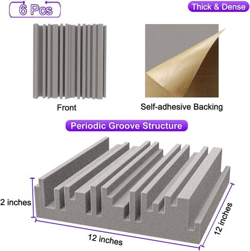TroyStudio Self-adhesive Acoustic Foam Panels, 12 X 12 X 2 Inches 18 Pcs Broadband Sound Absorbing Foam, Dense Soundproof Padding Tile, Recording Studio Foam Absorber, Groove Decorative Wall Panel in Saudi Arabia