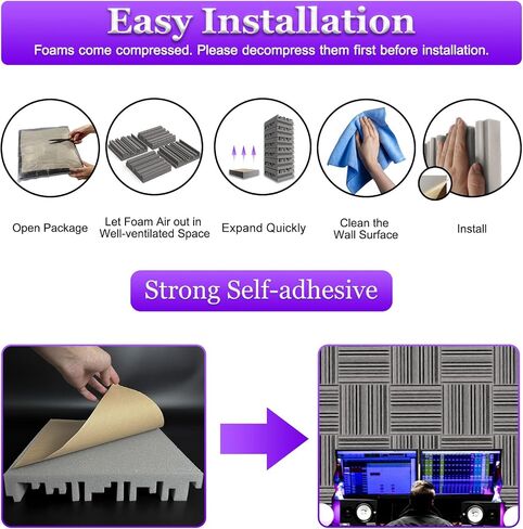 TroyStudio Self-adhesive Acoustic Foam Panels, 12 X 12 X 2 Inches 18 Pcs Broadband Sound Absorbing Foam, Dense Soundproof Padding Tile, Recording Studio Foam Absorber, Groove Decorative Wall Panel in Saudi Arabia