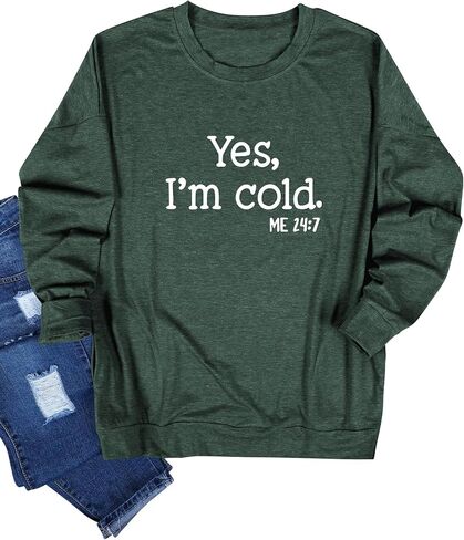 سويت شيرت نسائي بجيوب من Yes I'M Cold، سويت شيرت مطبوع عليه حروف وأكمام طويلة وخفيف الوزن ورقبة دائرية in Kuwait
