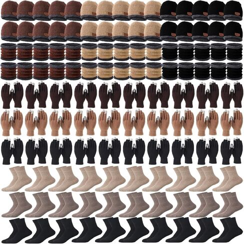 Suhine 120 Pcs Bulk Unisex Winter Beanie Scarf Gloves and Socks Set Include 30 Fleece Lined Hats, 30 Neck Scarf, 30 Touchscreen Mittens, 30 Thermal Socks for Men Women Homeless Elderly Teen Warm Gift in Saudi Arabia