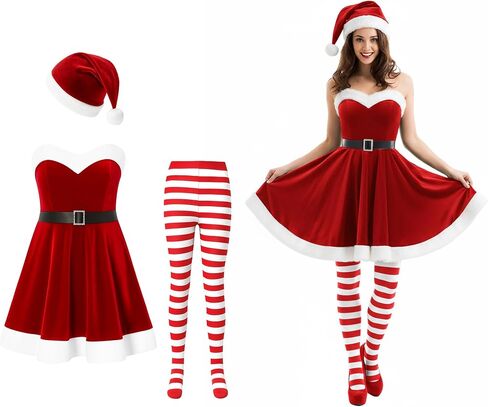 Christmas Women Costume Sweetie Costume Outfits Velvet Dress with Belt Hat for Girl Xmas Santa Cosplay in Saudi Arabia