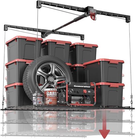 Overhead Garage Storage Rack, Adjustable Heavy-duty 4x4 Ft Ceiling Storage Racks with Safety Lock, Ideal for Garage Storage Lifting Organization System, 250lbs Capacity, White in Saudi Arabia