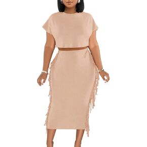 LYANER Women's 2 Piece Outfits Crew Neck Fringe Short Sleeve Crop Top and Tassel Trim Bodycon Midi Skirt Set in Kuwait