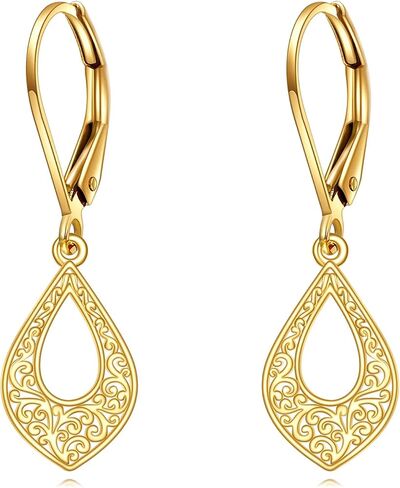 14K Solid Gold Heart Filigree Dangle Earrings for Women,Real Gold Teardrop Leverback Dangle Drop Earrings Jewelry Gifts for Wife Mon Girls Birthday Christmas Valentine's Day in Saudi Arabia