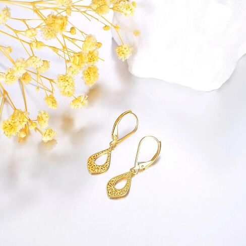 14K Solid Gold Heart Filigree Dangle Earrings for Women,Real Gold Teardrop Leverback Dangle Drop Earrings Jewelry Gifts for Wife Mon Girls Birthday Christmas Valentine's Day in Saudi Arabia