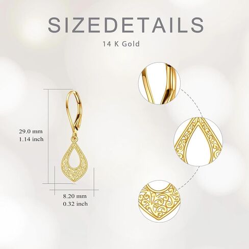 14K Solid Gold Heart Filigree Dangle Earrings for Women,Real Gold Teardrop Leverback Dangle Drop Earrings Jewelry Gifts for Wife Mon Girls Birthday Christmas Valentine's Day in Saudi Arabia