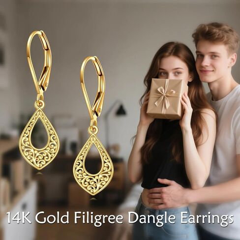 14K Solid Gold Heart Filigree Dangle Earrings for Women,Real Gold Teardrop Leverback Dangle Drop Earrings Jewelry Gifts for Wife Mon Girls Birthday Christmas Valentine's Day in Saudi Arabia