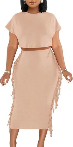 LYANER Women's 2 Piece Outfits Crew Neck Fringe Short Sleeve Crop Top and Tassel Trim Bodycon Midi Skirt Set in Kuwait