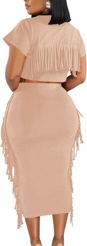 LYANER Women's 2 Piece Outfits Crew Neck Fringe Short Sleeve Crop Top and Tassel Trim Bodycon Midi Skirt Set in Kuwait