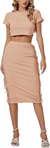 LYANER Women's 2 Piece Outfits Crew Neck Fringe Short Sleeve Crop Top and Tassel Trim Bodycon Midi Skirt Set in Kuwait