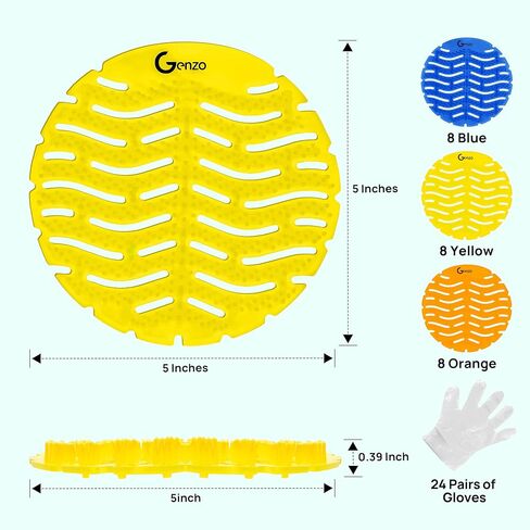 GENZO 50 Pack Urinal Screen Deodorizer, Anti-Splash & Long-Lasting Fragrance Urinal Cakes with Gloves, 17 Yellow, 17 Orange and 16 Blue Urinal Pads Fits to All Toilets in Saudi Arabia