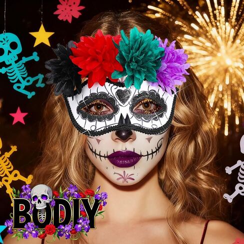 BODIY Halloween Masquerade Mask Flower Skull Day of the Dead Eyemask for Women Men Costume Masks Mardi Gras Half Mask in Saudi Arabia