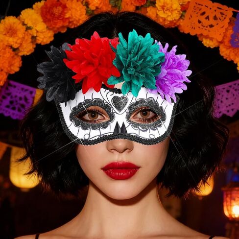 BODIY Halloween Masquerade Mask Flower Skull Day of the Dead Eyemask for Women Men Costume Masks Mardi Gras Half Mask in Saudi Arabia
