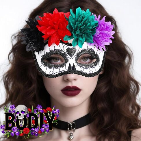 BODIY Halloween Masquerade Mask Flower Skull Day of the Dead Eyemask for Women Men Costume Masks Mardi Gras Half Mask in Saudi Arabia