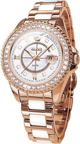 OLEVS Women's Rose Gold Automatic Watches Skeleton Mechanical Self Winding Ladies Elegant Luxury Dress Butterfly Diamond White Ceramic Band Watch Gift in Kuwait
