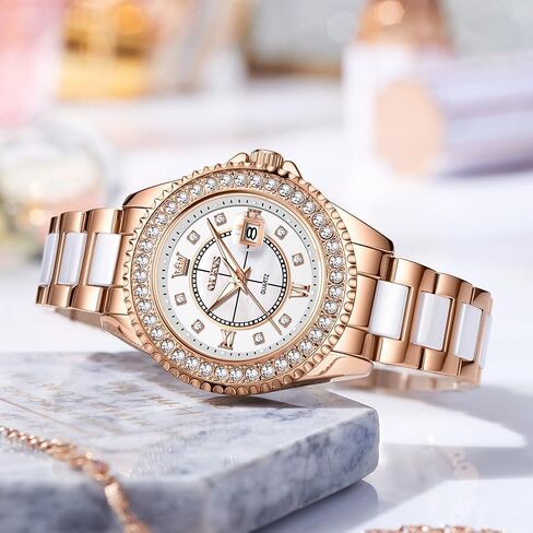OLEVS Women's Rose Gold Automatic Watches Skeleton Mechanical Self Winding Ladies Elegant Luxury Dress Butterfly Diamond White Ceramic Band Watch Gift in Kuwait