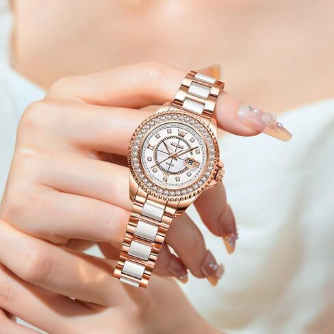 OLEVS Women's Rose Gold Automatic Watches Skeleton Mechanical Self Winding Ladies Elegant Luxury Dress Butterfly Diamond White Ceramic Band Watch Gift in Kuwait