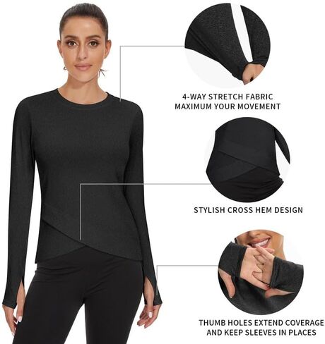 قمصان الجري النسائية من Soneven المصنوعة من الصوف الحراري مع جيوب وأكمام طويلة وقمصان للتمرين مع فتحات إبهام بلوفر مضغوط in Kuwait