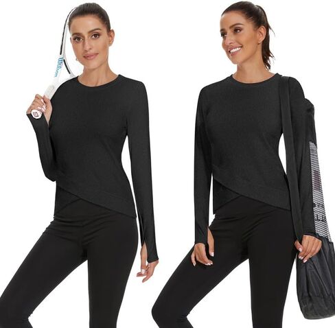 قمصان الجري النسائية من Soneven المصنوعة من الصوف الحراري مع جيوب وأكمام طويلة وقمصان للتمرين مع فتحات إبهام بلوفر مضغوط in Kuwait