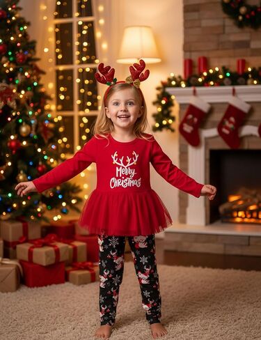 ADIFUN Toddler Girl Christmas Outfit Deer Long Sleeve Trousers 3-Piece Set Christmas Gifts For Girls in Kuwait