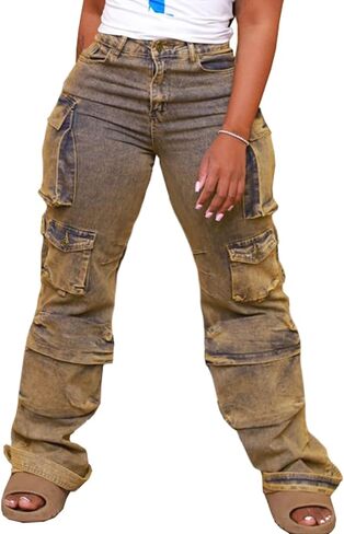Vaceky Cargo Jeans Women High Waisted Straight Leg Baggy Y2K Denim Fall Winter Pants with Pockets Streetwear in Kuwait