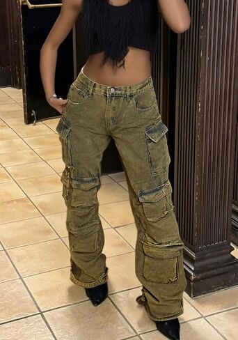 Vaceky Cargo Jeans Women High Waisted Straight Leg Baggy Y2K Denim Fall Winter Pants with Pockets Streetwear in Kuwait