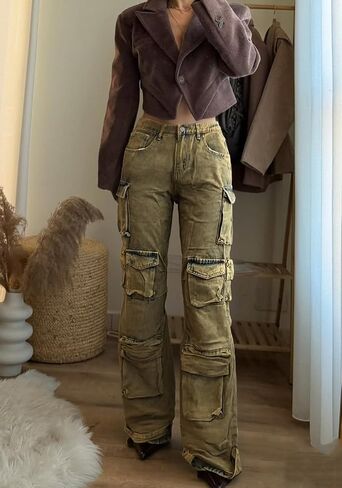 Vaceky Cargo Jeans Women High Waisted Straight Leg Baggy Y2K Denim Fall Winter Pants with Pockets Streetwear in Kuwait