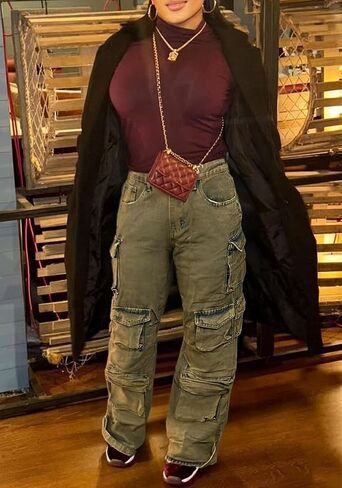 Vaceky Cargo Jeans Women High Waisted Straight Leg Baggy Y2K Denim Fall Winter Pants with Pockets Streetwear in Kuwait